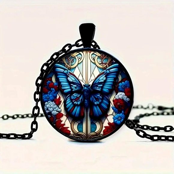 Independent Jewelry - SALE! Black Boho BUTTERFLY Glass Cabochon Pendant Necklace